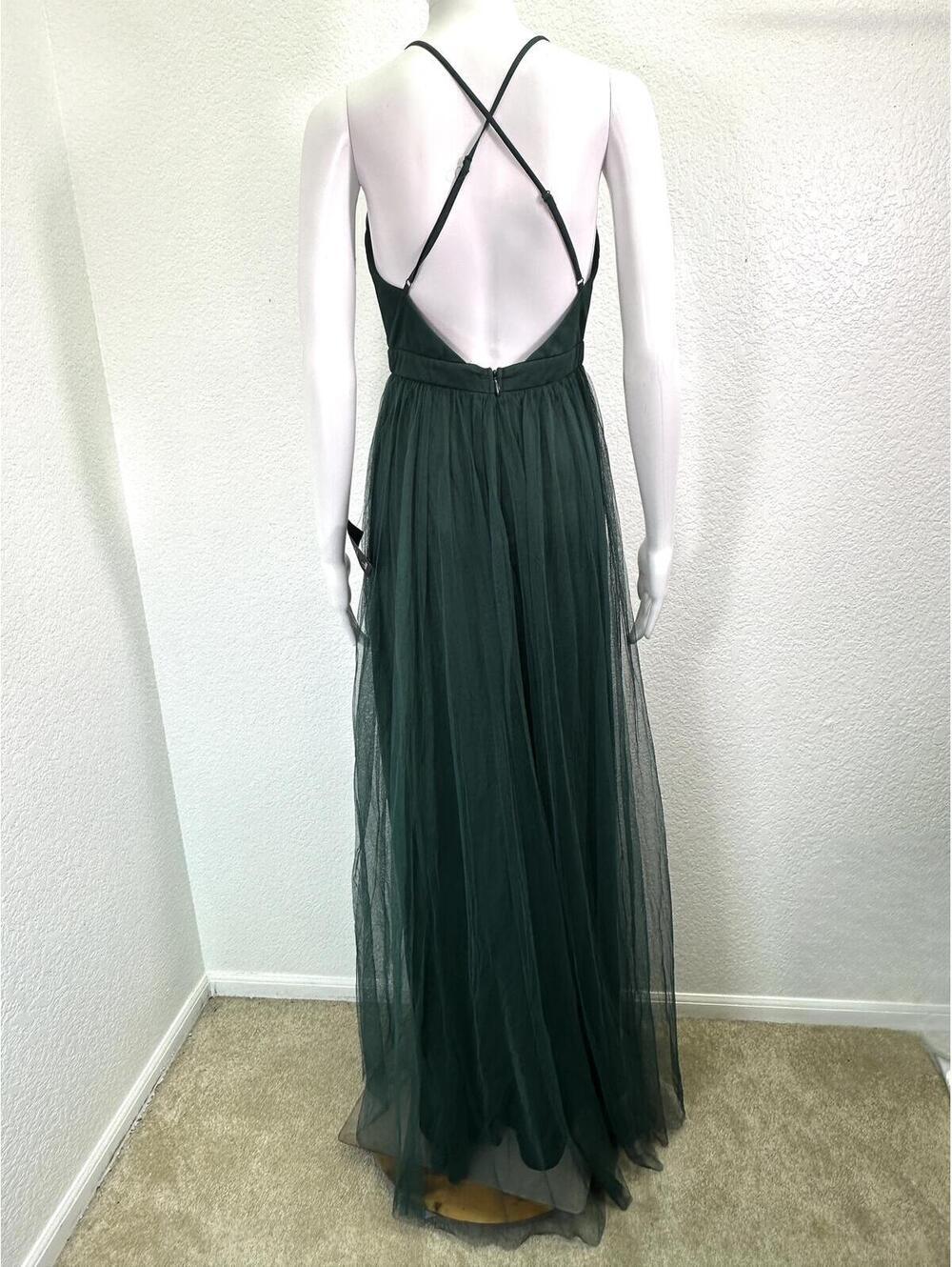 Sz S Lulu’s New Dark Green Tulle Overlay Double Front Slit Backless Maxi Dress - Picture 3 of 8